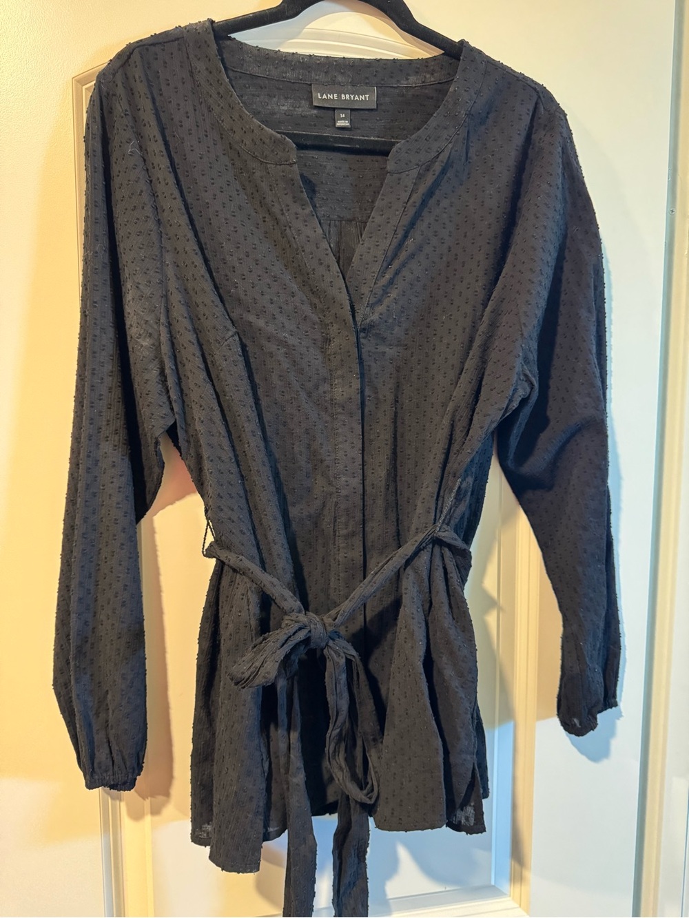 Lane Bryant black Dot-Textured Tie-Front Tunic NWOT